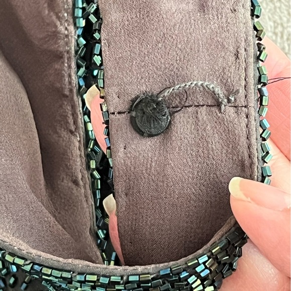 Vintage 80’s Silk Allover BEADED DRESS Shimmer Low Back Sleeveless Black Green 4 - Picture 9 of 14